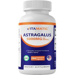 Vitamatic Astragalus Capsules 5000mg Supplement - 200 Veg Capsules - 10:1 Astragalus Extract 500mg Equal to 5,000mg Astragalus Root Powder - Non-GMO, Gluten-Free