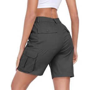 MoFiz Women's Cargo Shorts Bermuda Shorts Button Pockets Elastic Waist Knee Length Long Hiking Casual Shorts for Summer