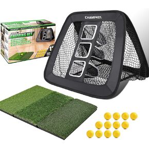CHAMPKEY Double Sided Golf Chipping Net Come with Tri-Turf Hitting Mat and 12 Foam Golf Balls - 5 Ply-Knotless Netting Golf Targets System Ideal for Short and Long Distance Training