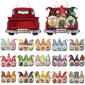 Wenqik 16 Pcs Interchangeable Welcome Sign Rustic Truck Changeable Gnomes Front Door Sign with Interchangeable Holiday Icons Seasonal Decor for Farmhouse Home Porch (Red,15.87 x 7.9 Inch)