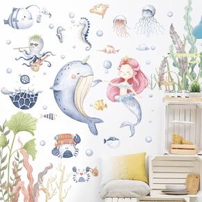 Cartoon Mermaid Wall Stickers Baby Girls Mermaid Under The Sea Wall Decals Stickers Multicultural Ocean Creatures Nursery Decoration Bedroom Playroom Art