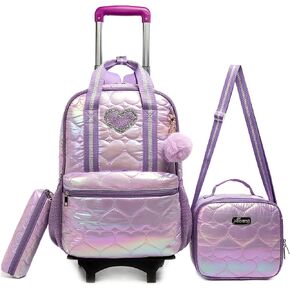 Egchescebo Kids Rolling Backpack for Girls Detachable 17" Flamingo Childrens Luggage with Wheels Toddler Travel Suitcase Backpacks Girl Down Material Kid Lunch Bookbag Escolares Elementary Pink