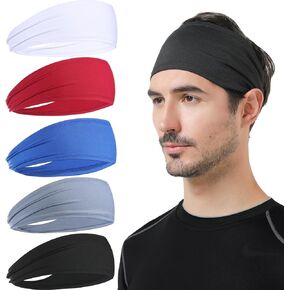 Mens Headbands Moisture Wicking Workout Wide Sweatband Workout Sport Hairband for Head Basketball Yoga Football Cycling Running 5Pack