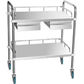 stonylab Laboratory Utility Cart, 2-Tier Laboratory Cart Stainless Steel Utility Cart with Dual Drawers and 2 Lockable Casters