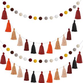 Syhood 4 Pieces Thanksgiving Pom Pom Tassel Garland Cotton Felt Ball Banner Decorative Hanging Banner for Autumn Christmas Home Decoration Wedding Birthday Baby Shower Party Supplies(Classic Colors)