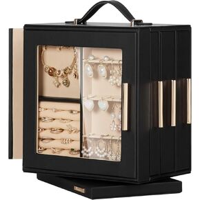 Homde Jewelry Box 360° Rotating, Jewelry Organizer with Transparent Window, Mirror, 7 Drawers, Large Jewelry Display Storage Case for Girls Women (White)