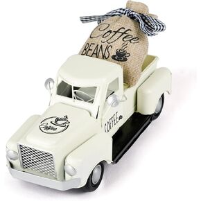 OurWarm Coffee Table Decor Large Coffee Bar Metal Truck, Coffee Bar Decor with Coffee Decor Burlap Sack and Sticker, White Truck Bar Decor for Tabletop Rustic Country Tiered Tray Home Decor