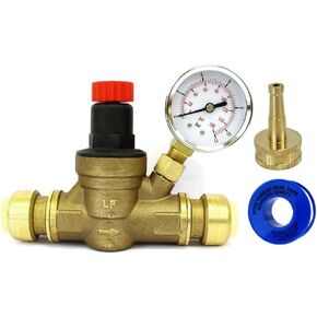 CMI Inc 3/4 in Push Connect. Water Pressure Regulator Valve, Adjustable Water Pressure Reducer with Test Gauge for RV Camper, Travel Trailer, Water Hose