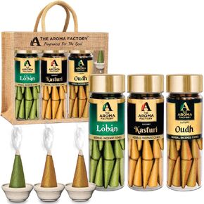 The Aroma Factory Organic Dhoop Cones | Kesar Chandan, Kasturi Musk & Rose Incense Cones | No Charcoal, Scented Incense | 3x30 Cones, Pack of 3 Jute Bag Giftset