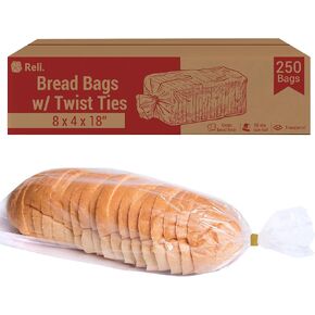 Reli. Bread Bags with Ties | 8 x 4 x 18" | 250 Pack (250 Twist Ties) | Bulk Bread Bags for Homemade Bread | Plastic Bread Bags for Bakery | Bread Loaf Packing Bags | Clear, Large