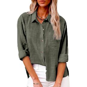 Womens Cotton Linen Button Down Shirt 2024 Spring Casual Long Sleeve Solid Color Shirts Loose Work Tops with Pockets