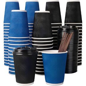 90 عبوة من فناجين القهوة للاستعمال مرة واحدة مع أغطية وقش، معزولة بجدار مموج للذهاب إلى أكواب القهوة الساخنة والشاي والمشروبات والشوكولاتة وأكواب ورقية للمكتب المنزلي والمقهى (أسود وأزرق) in Kuwait