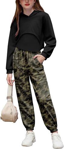 مجموعة ملابس للفتيات من Arshiner مكونة من 3 قطع من بدلات رياضية وسويت شيرت بقلنسوة وقميص كامي قابل للتعديل وملابس رياضية in Kuwait