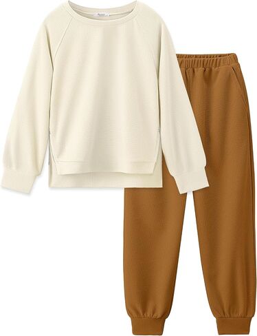 Arshiner Girls 2 Piece Outfits Tracksuits Casual Crewneck Sweatshirts Side Zipper Pullover and High Waisted Sweatpants Set in Saudi Arabia