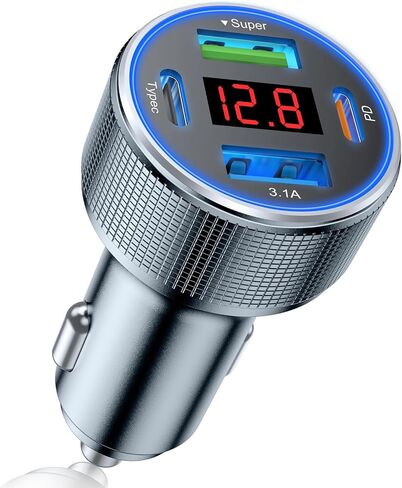 USB C Car Charger Adapter, 78W 4 Port Metal Fast Charging USB Car Charger with Voltmeter Dual USB C Car Phone Charger Type C Cigarette Lighter USB Charger for iPhone 15/14/13/12, Samsung Galaxy, iPad in Saudi Arabia
