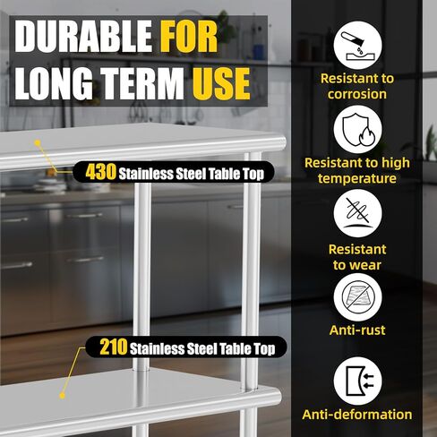 رف مزدوج من الفولاذ المقاوم للصدأ بطبقتين مقاس 12 × 36 بوصة، سعة الوزن 330 رطل للإعداد وطاولة العمل في المطعم والمنزل والمطبخ in Kuwait