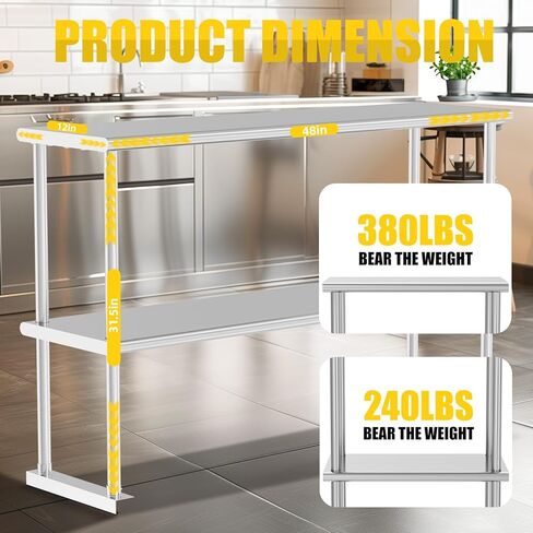 رف مزدوج من الفولاذ المقاوم للصدأ بطبقتين مقاس 12 × 36 بوصة، سعة الوزن 330 رطل للإعداد وطاولة العمل في المطعم والمنزل والمطبخ in Kuwait