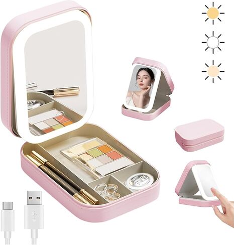 Travel Makeup Mirror with Light, Compact Makeup Bag with Led Mirror,Smart Touch 3-Colors Dimmable Makeup Case,Rechargeable Portable Mirror,Gift for Girl Women in Saudi Arabia