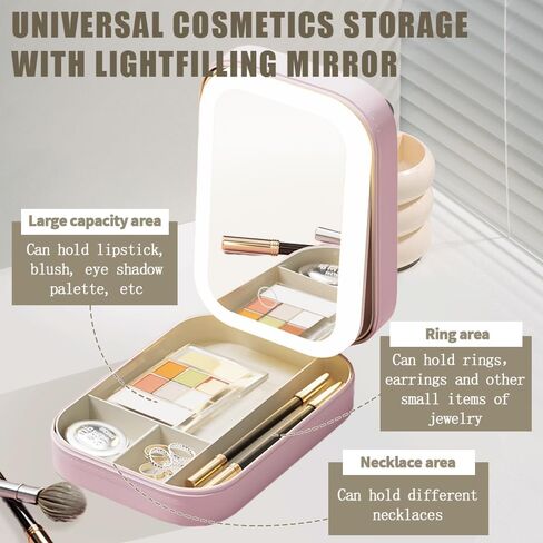 Travel Makeup Mirror with Light, Compact Makeup Bag with Led Mirror,Smart Touch 3-Colors Dimmable Makeup Case,Rechargeable Portable Mirror,Gift for Girl Women in Saudi Arabia