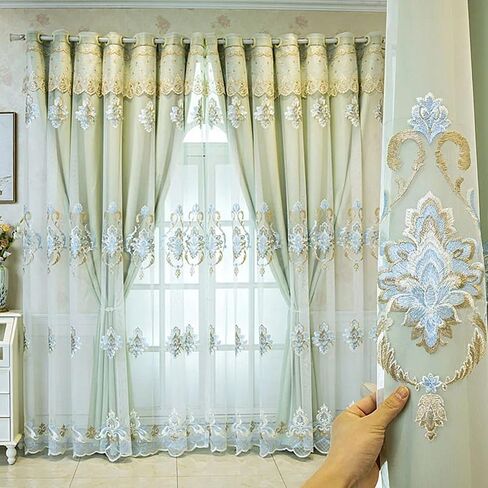 Amidoudou 1 Pair European Double Layer Curtains with Valances for Living Room Luxury Jacquard Curtains for Bedroom (Beige,54x84 Inch) in Kuwait
