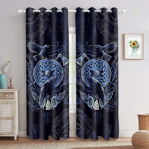 Viking Raven Curtains Norse Axe Mystic Symbols Runes Art Blackout Window Drapes Navy Blue Printed Window Treatments for Bedroom Living Room Dining Room 42x63inch 2 Panels CLOKMS180 in Saudi Arabia