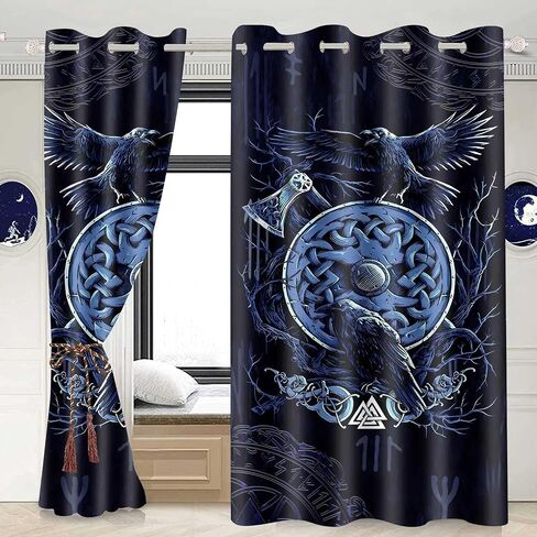 Viking Raven Curtains Norse Axe Mystic Symbols Runes Art Blackout Window Drapes Navy Blue Printed Window Treatments for Bedroom Living Room Dining Room 42x63inch 2 Panels CLOKMS180 in Saudi Arabia