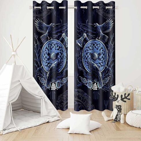 Viking Raven Curtains Norse Axe Mystic Symbols Runes Art Blackout Window Drapes Navy Blue Printed Window Treatments for Bedroom Living Room Dining Room 42x63inch 2 Panels CLOKMS180 in Saudi Arabia