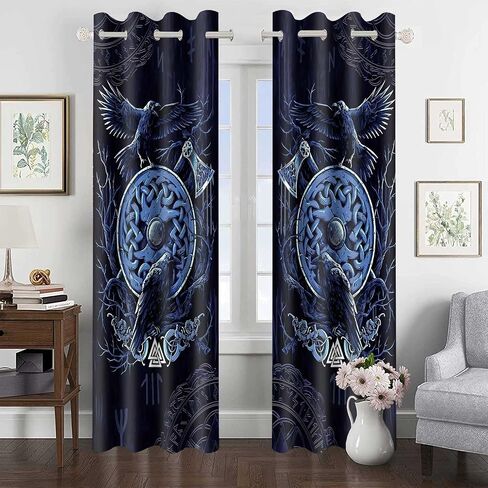 Viking Raven Curtains Norse Axe Mystic Symbols Runes Art Blackout Window Drapes Navy Blue Printed Window Treatments for Bedroom Living Room Dining Room 42x63inch 2 Panels CLOKMS180 in Saudi Arabia