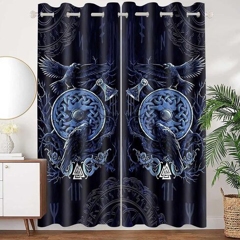 Viking Raven Curtains Norse Axe Mystic Symbols Runes Art Blackout Window Drapes Navy Blue Printed Window Treatments for Bedroom Living Room Dining Room 42x63inch 2 Panels CLOKMS180 in Saudi Arabia
