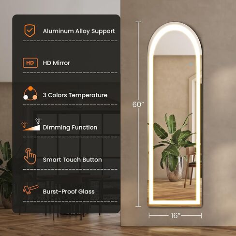 Sweetcrispy Mirror Full Length with LED Lights,60" 16" Floor Mirror Dimming & 3 Color Lighting, Large Mirror Full Length Aluminum Alloy Thin Frame for Bedroom, Dressing Room, Rectangle in Kuwait