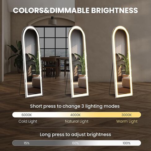 Sweetcrispy Mirror Full Length with LED Lights,60" 16" Floor Mirror Dimming & 3 Color Lighting, Large Mirror Full Length Aluminum Alloy Thin Frame for Bedroom, Dressing Room, Rectangle in Kuwait