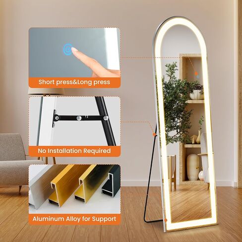 Sweetcrispy Mirror Full Length with LED Lights,60" 16" Floor Mirror Dimming & 3 Color Lighting, Large Mirror Full Length Aluminum Alloy Thin Frame for Bedroom, Dressing Room, Rectangle in Kuwait