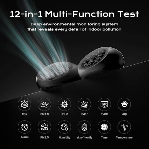 12-in-1 Air Quality Monitor Indoor, Portable Air Quality Monitor, for CO2, PM1.0, PM2.5, HCHO, TVOC and Others, Air Quality Tester for Home, Hotel, Office, Car, Battery Powered Air Monitor (White) in Saudi Arabia