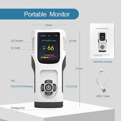 6-in-1 Air Quality Monitor Indoor CO2 Monitor, 3000mAh AQI TVOC Air Quality Tester for Home PM2.5 PM10 Particle Counter Air Quality Monitor with Graph, Portable Outdoor LED Screen Air Quality Monitor in Saudi Arabia