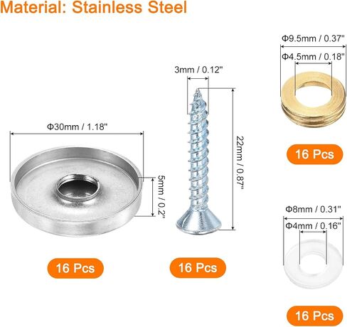 uxcell 16 Pcs Screw Covers Caps, Stainless Steel Mirror Screws Decorative Caps Cover Nails, Mirror Screws Fasteners for Sign Advertising Hardware Construction, 30mm Diameter, Silver in Saudi Arabia