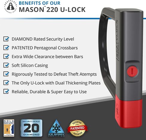 SeatyLock Mason Bike U Lock - Patented Heavy Duty Anti Theft Diamond Security Bicycle Lock - Super Wide Safety Master Tool ULock with Keys for Electric Bikes Scooters and Motorcycles (8.66 Inch) in Saudi Arabia