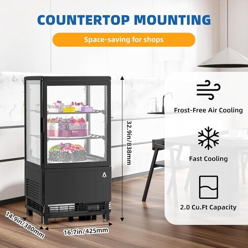 Towallmark Refrigerated Display Case, 2.0 Cu.Ft, Countertop Pastry Display Case Commercial Display Refrigerator with LED Lighting, Frost-Free Air-Cooling, Locked Door for Bakery in Saudi Arabia