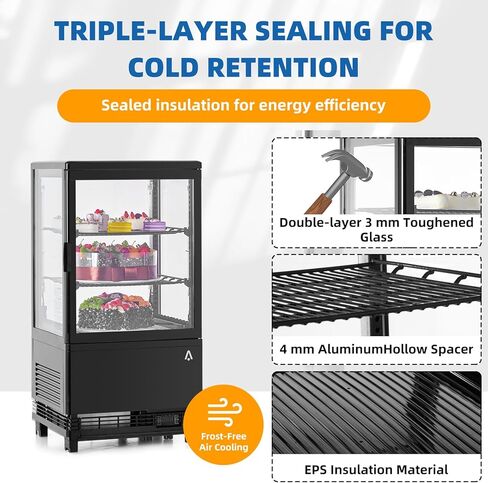 Towallmark Refrigerated Display Case, 2.0 Cu.Ft, Countertop Pastry Display Case Commercial Display Refrigerator with LED Lighting, Frost-Free Air-Cooling, Locked Door for Bakery in Saudi Arabia