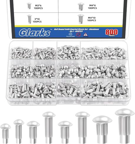 Glarks 800Pcs Solid Rivets Knurled Shanks Set, M2 M2.5 M3 M4 Semi-Round Head Aluminium Solid Rivets Assortment Kit with Storage Box Home Outdoor Hardware Tool in Saudi Arabia