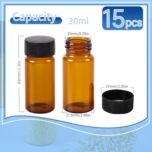 15 PCS 4ML Amber Small Liquid Sample Glass Vials with Screw Caps,1Dram 15x45mm Leak-Proof Vial, 13-425 Black Screw Cap with PE Liners for Lab, Essential Oil, Perfume, Reagents in Kuwait