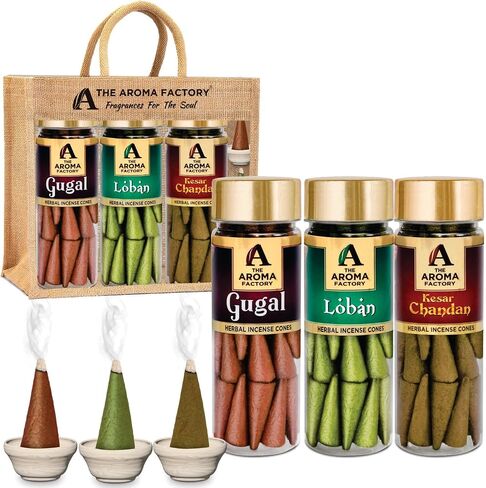 The Aroma Factory Organic Dhoop Cones | Kesar Chandan, Kasturi Musk & Rose Incense Cones | No Charcoal, Scented Incense | 3x30 Cones, Pack of 3 Jute Bag Giftset in Saudi Arabia