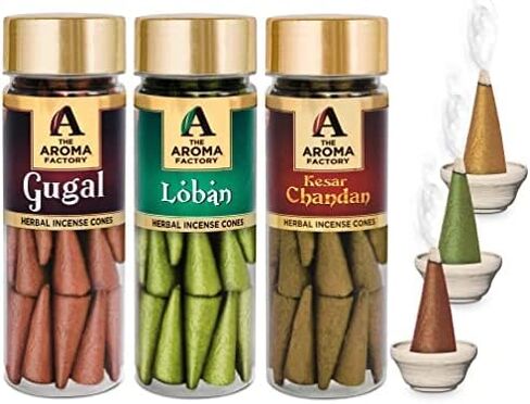 The Aroma Factory Organic Dhoop Cones | Kesar Chandan, Kasturi Musk & Rose Incense Cones | No Charcoal, Scented Incense | 3x30 Cones, Pack of 3 Jute Bag Giftset in Saudi Arabia