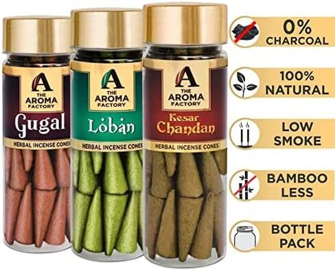 The Aroma Factory Organic Dhoop Cones | Kesar Chandan, Kasturi Musk & Rose Incense Cones | No Charcoal, Scented Incense | 3x30 Cones, Pack of 3 Jute Bag Giftset in Saudi Arabia