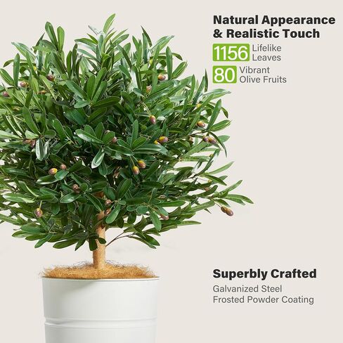 KOL 4.2FT Artificial Olive Tree with Galvanized Steel Black Tall Planter, Realistic Fake Faux Silk Plant & Superbly Crafted Flower Pot, Modern Elegant Home Office Living Room Decor Indoor Outdoor in Saudi Arabia