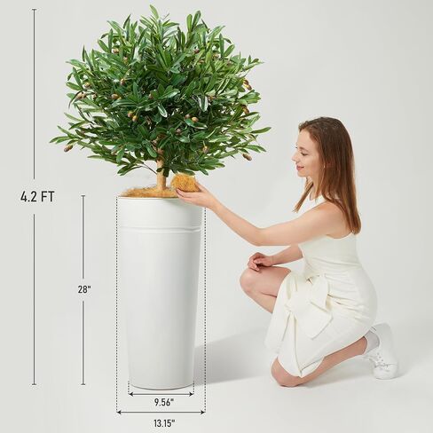 KOL 4.2FT Artificial Olive Tree with Galvanized Steel Black Tall Planter, Realistic Fake Faux Silk Plant & Superbly Crafted Flower Pot, Modern Elegant Home Office Living Room Decor Indoor Outdoor in Saudi Arabia