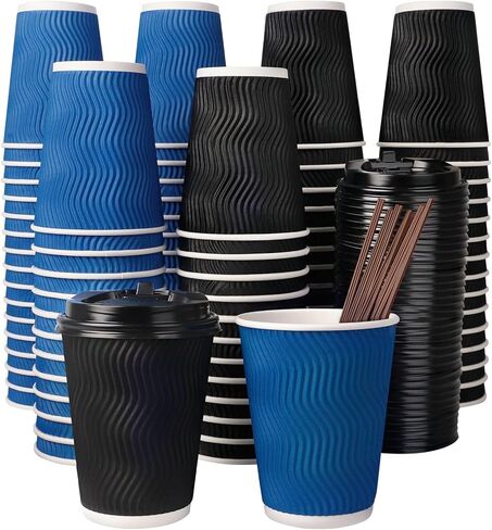 90 عبوة من فناجين القهوة للاستعمال مرة واحدة مع أغطية وقش، معزولة بجدار مموج للذهاب إلى أكواب القهوة الساخنة والشاي والمشروبات والشوكولاتة وأكواب ورقية للمكتب المنزلي والمقهى (أسود وأزرق) in Kuwait