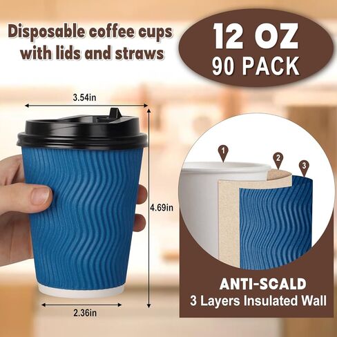90 عبوة من فناجين القهوة للاستعمال مرة واحدة مع أغطية وقش، معزولة بجدار مموج للذهاب إلى أكواب القهوة الساخنة والشاي والمشروبات والشوكولاتة وأكواب ورقية للمكتب المنزلي والمقهى (أسود وأزرق) in Kuwait