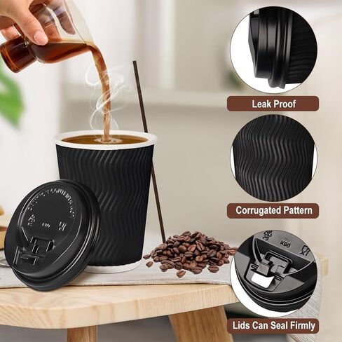 90 عبوة من فناجين القهوة للاستعمال مرة واحدة مع أغطية وقش، معزولة بجدار مموج للذهاب إلى أكواب القهوة الساخنة والشاي والمشروبات والشوكولاتة وأكواب ورقية للمكتب المنزلي والمقهى (أسود وأزرق) in Kuwait