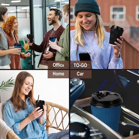 90 عبوة من فناجين القهوة للاستعمال مرة واحدة مع أغطية وقش، معزولة بجدار مموج للذهاب إلى أكواب القهوة الساخنة والشاي والمشروبات والشوكولاتة وأكواب ورقية للمكتب المنزلي والمقهى (أسود وأزرق) in Kuwait