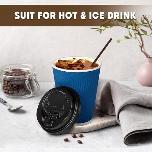 90 عبوة من فناجين القهوة للاستعمال مرة واحدة مع أغطية وقش، معزولة بجدار مموج للذهاب إلى أكواب القهوة الساخنة والشاي والمشروبات والشوكولاتة وأكواب ورقية للمكتب المنزلي والمقهى (أسود وأزرق) in Kuwait